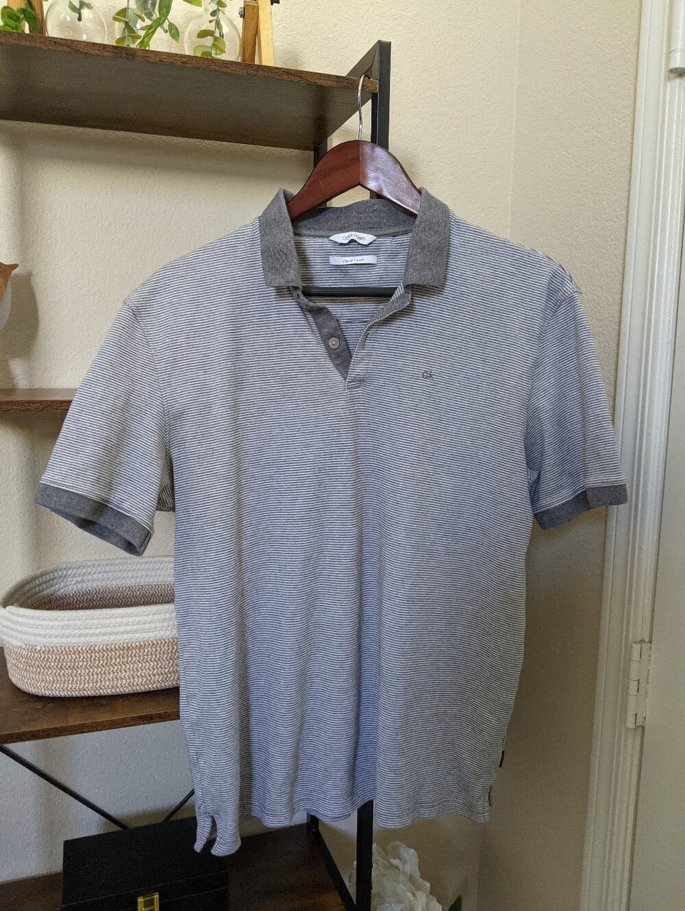 Calvin Klein Men's Gray Striped Polo Liquid Touch 100% Cotton Super Soft